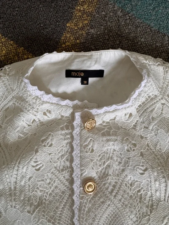 Maje White Cropped Crochet-Textured Button Jacket BNWOT - Picture 3 of 8